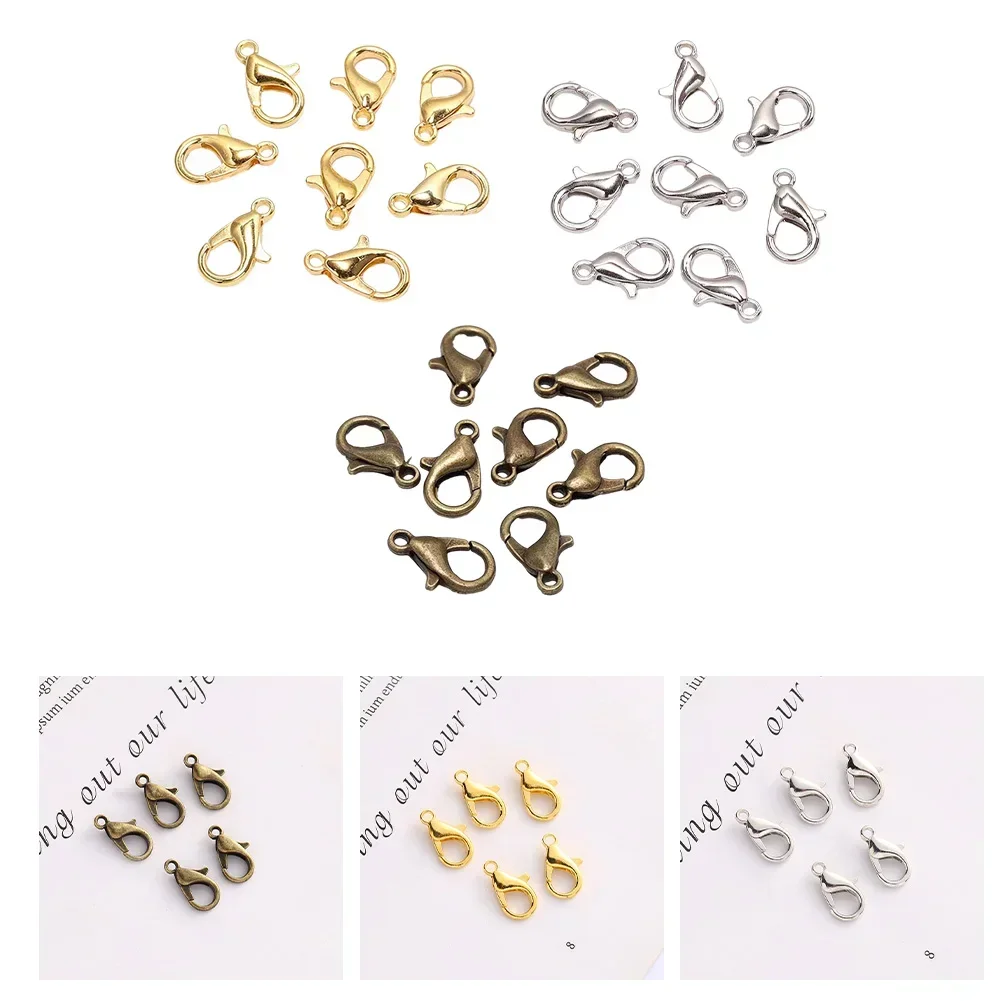 50OPcs/set Metal Lobster Clasps Hooks DIY Handmade Jewelry Accessories Gold / Silver / Bronze Alloy 12mm End Connectors Clasp