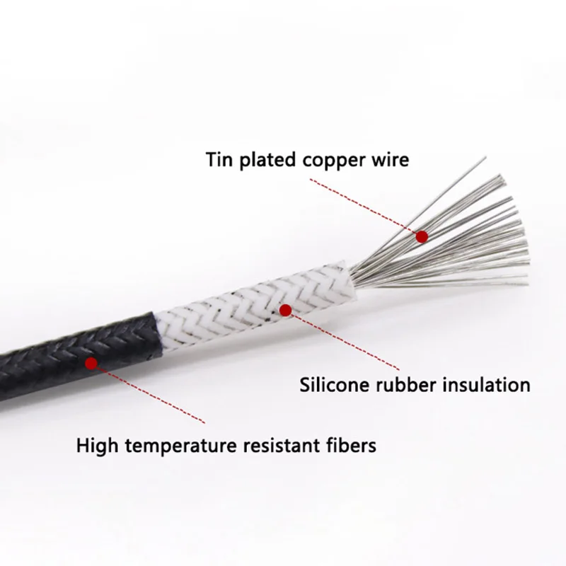 1M 0.3/0.35/0.5/0.75/1.0/1.5/2.0/2.5/4.0/6.0 mm2 Tin Plated Copper Wire Thermocouple Wire Silicone Cable Glass Fiber Stranded