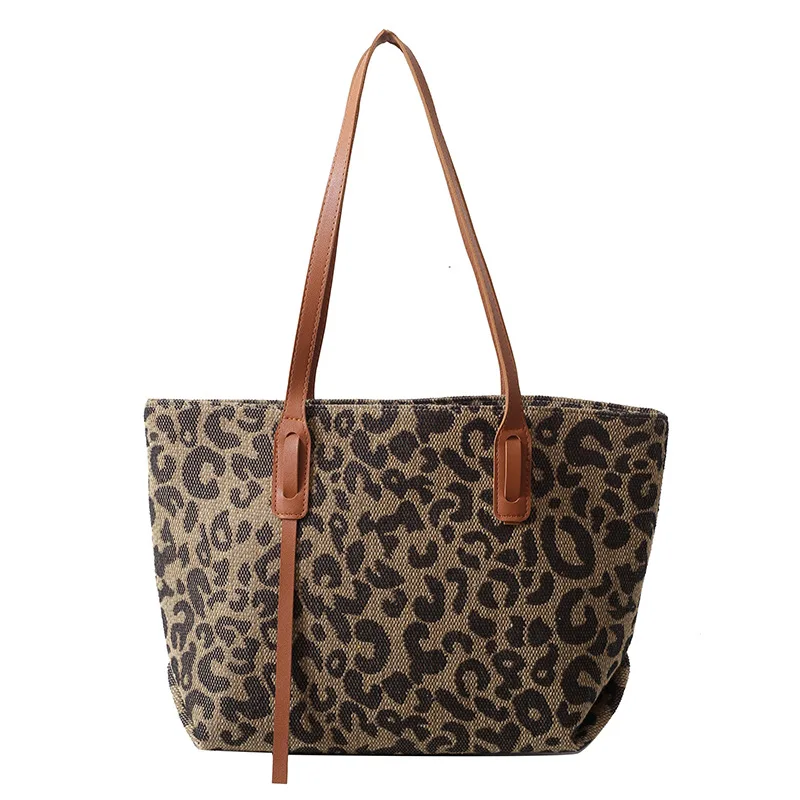 Fashion Leopard Design Ladies Tote Bag 2024 Korean Leisure Cloth Shoulder Bags For Women Handbag Solid Color Corduroy Bag