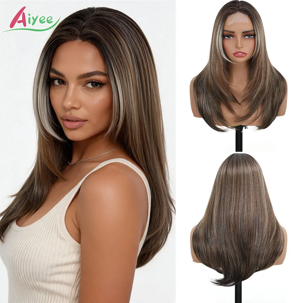 High Temp Fiber Synthetic Hair 210g 24Inch 3x4 Straight Layered Part Lace Wig Rooted Ash Blonde Brown Ombre Cosplay Women Wigs