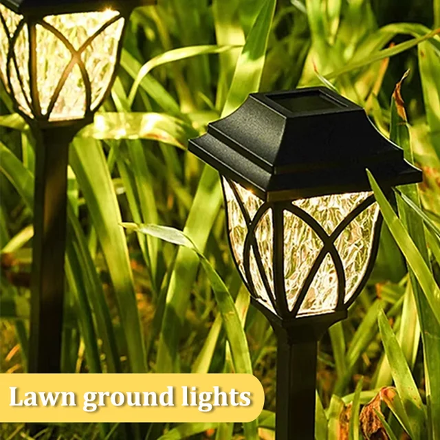 Dwa solarne lampy LED do ogrodu, wodoodporne, z ciepłym światłem, odpowiednie do ogrodów, willi, ścieżek i aranżacji krajobrazu.