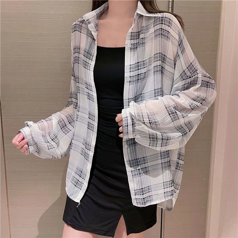 Oversize Women Plaid Shirts Summer Long Sleeve Simple Loose Female Blouse Fashion Korean Sun-proof Ladies Tops New