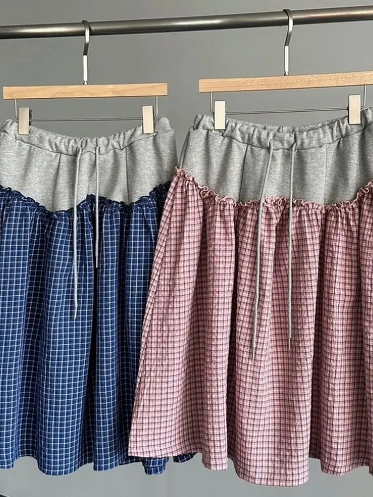 

Симпатичная клетчатая цветная блузка с эластичной резинкой на талии, юбка-миди для девочек, повседневная юбка трапециевидной формы из смеси хлопка с высокой талией, весна, лето, осень