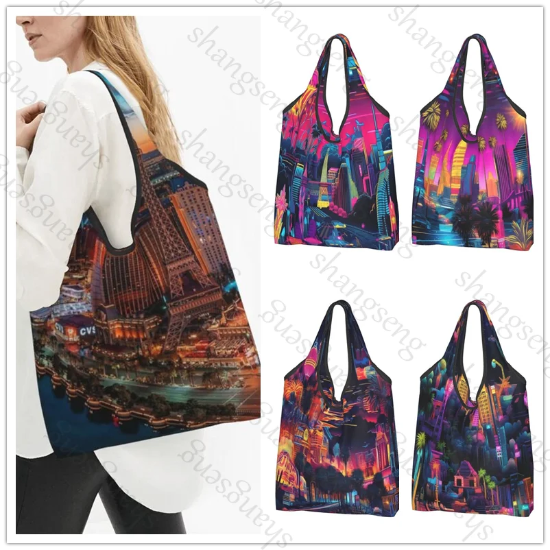 

Neon Las Vegas Strip Fashion shopping shoulder tote bag foldable eco-friendly shopping bag large capacity portable handbag