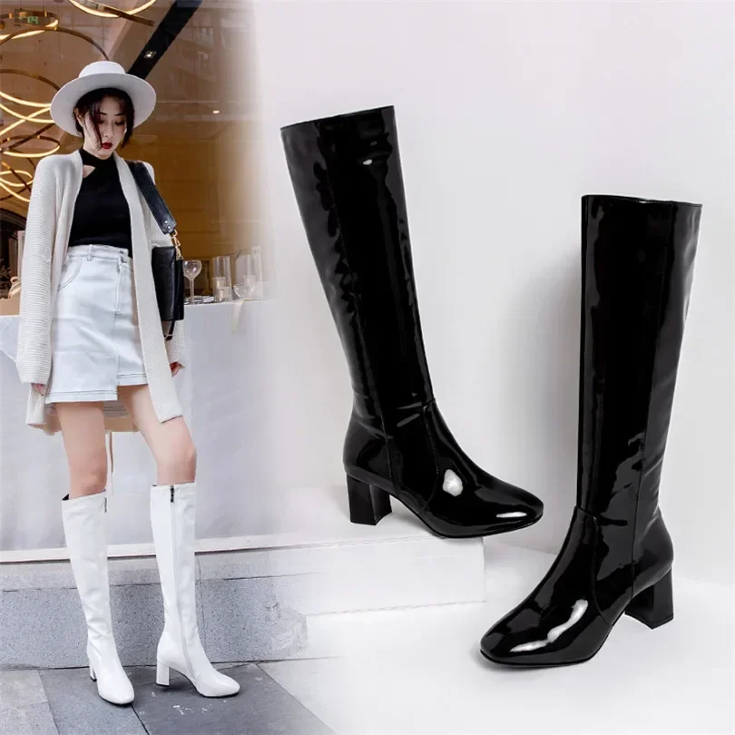 Red White Patent Leather Women Knee High Boots Block Heels Go Go Halloween Party Dress Lady Square Toe Winter Zipper Long Shoes