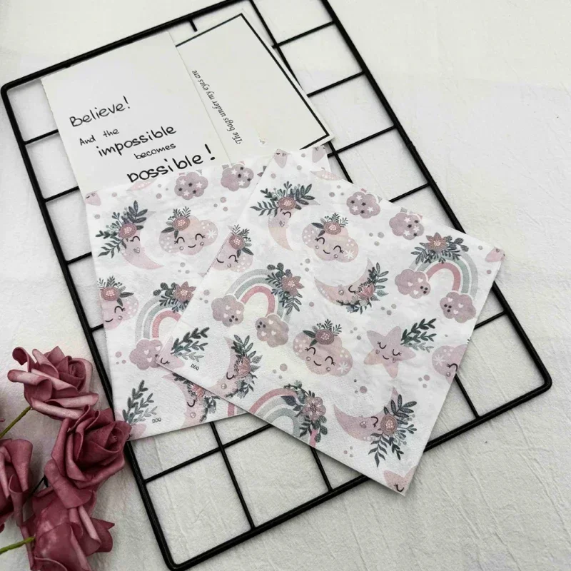 

20 шт./упак. салфетки с принтом, милые мультяшные радужные звезды, декоративная ткань для рта, бумажная салфетка для сервировки стола, вечерние одноразовые салфетки