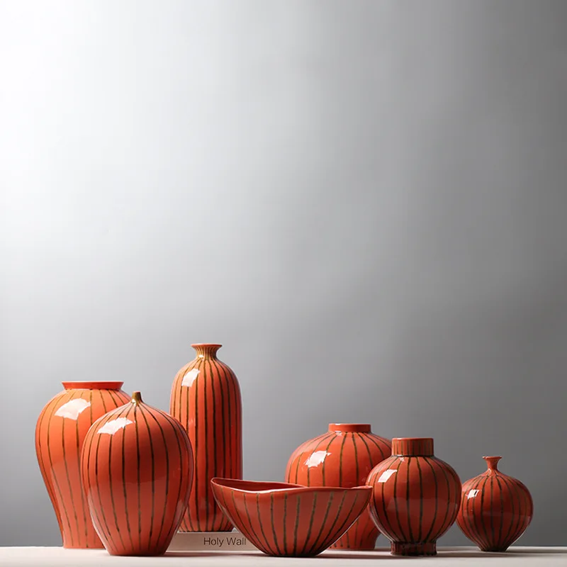 

New Chinese orange ceramic vase striped decorative Hydroponic flower Pumpkin orange decoration living room Creative Vase crafts