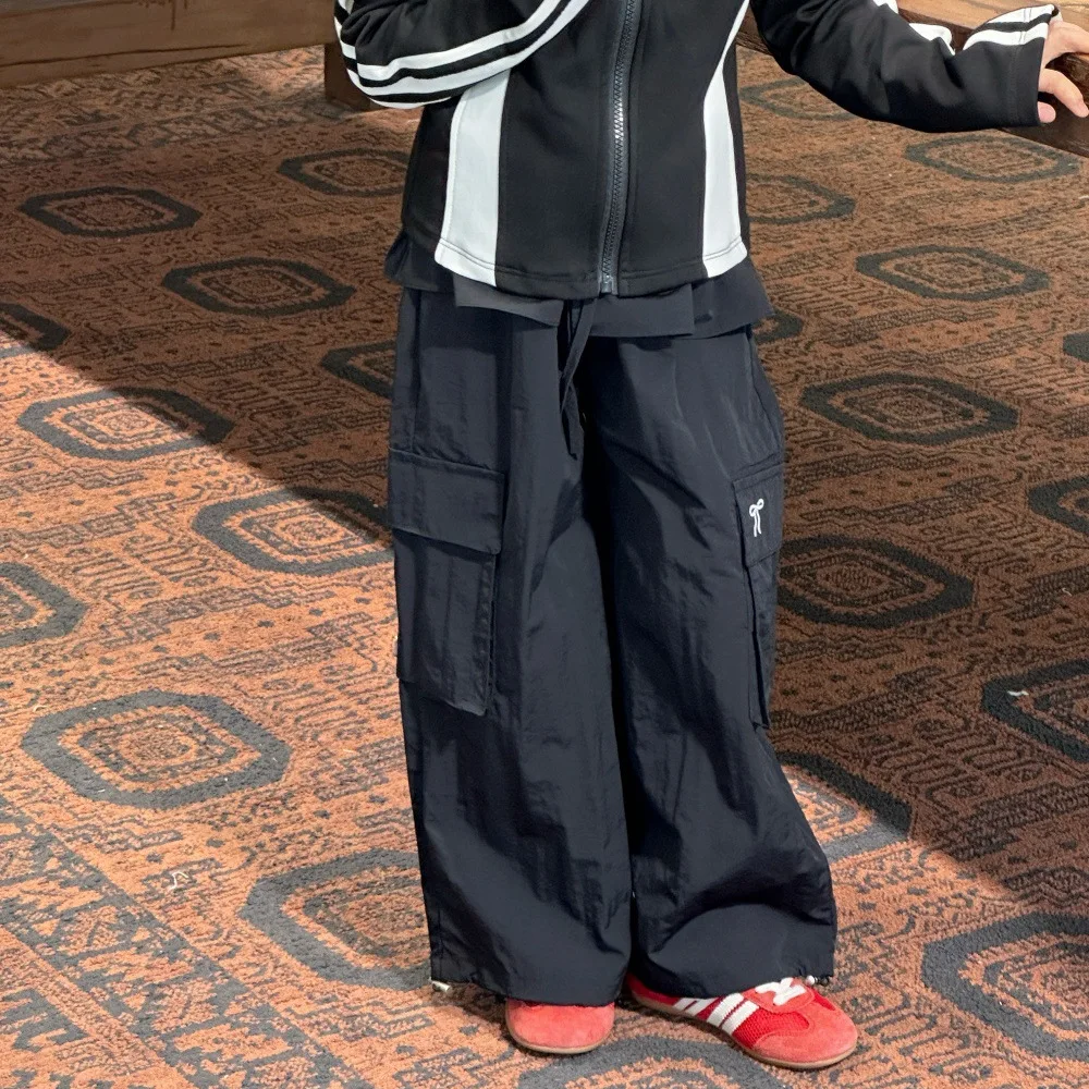 2025 Autumn New Girls Korean Design Embroidered Wide Leg Pants Children Straight Leg Pants American Work Pants Trend