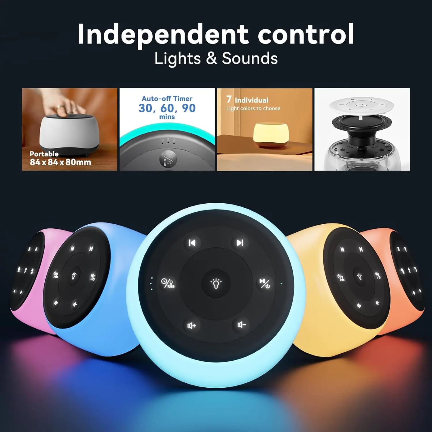 آلة صوت الضوضاء البيضاء مع 7 ألوان ضوء ليلي 34 صوتًا مهدئًا، آلة صوت محمولة لنوم الأطفال والكبار والأطفال