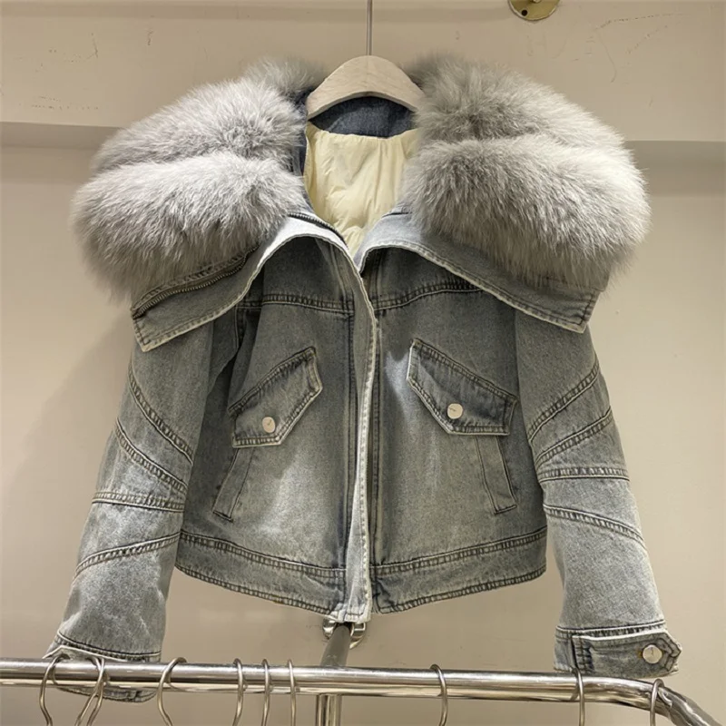 Winter Thick Detachable Fox Fur Collar White Duck Down Liner Denim Jacket Women Cowboy Outerwear Slim Short Jeans Jacket Female