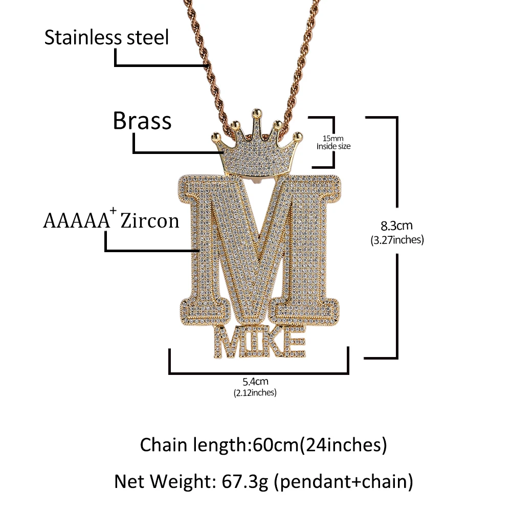 UWIN Customized Big Letter with Mini Name Necklace for Men Women Iced Out CZ Letters Charms Crown Bail Hip Hop Jewelry for Gift