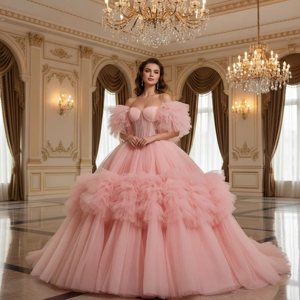 

Rosymae Blush Pink Elegant Maxi Quinceanera Dress Sweetheart Silhouette Sheer Bodice Lace up Back Ruffle Details Ball Gown