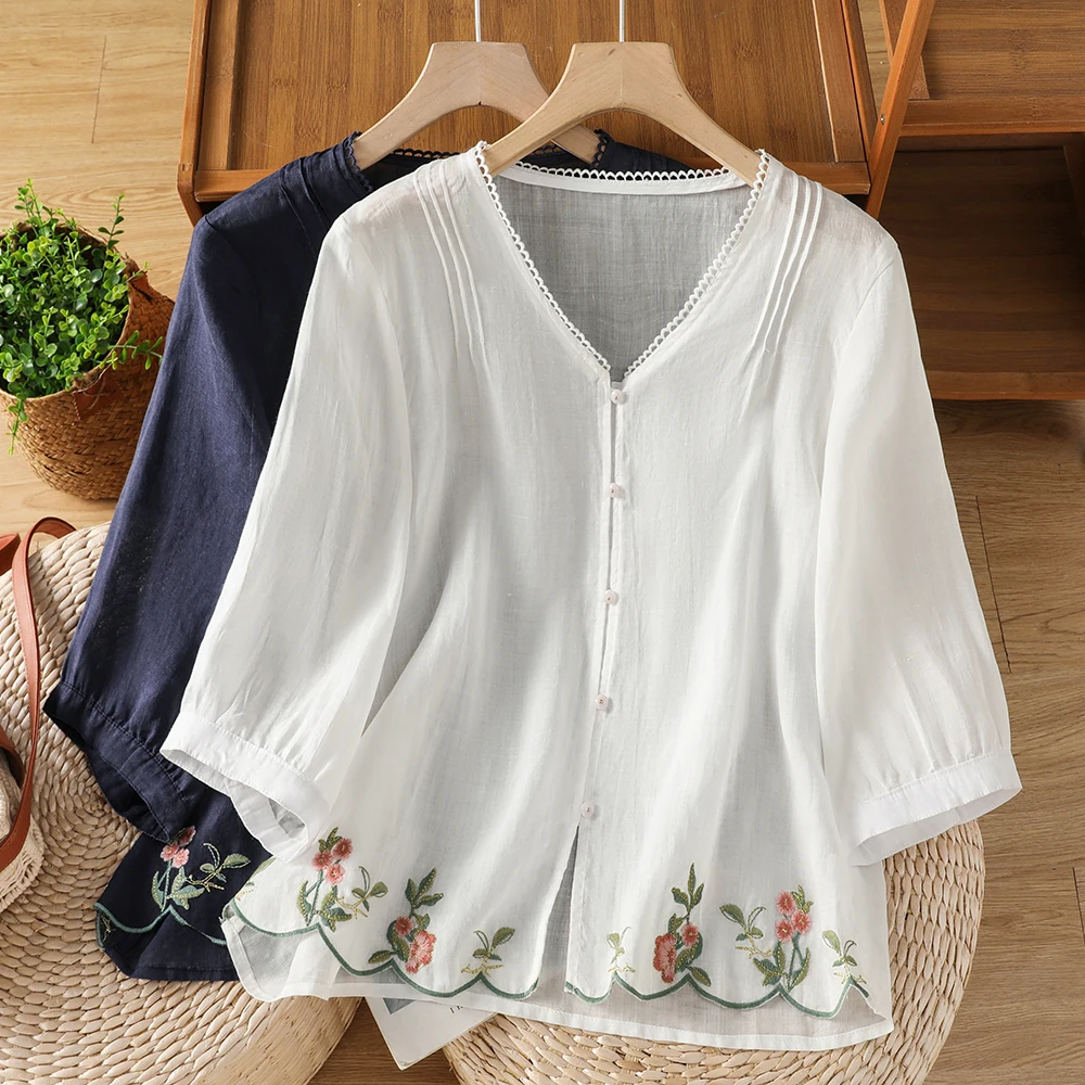 

New Chinese Style Artistic Embroidery V-Neck Five-Quarter Sleeve Shirt Women Summer Age-Defying Loose Open Cardigan Casual To...