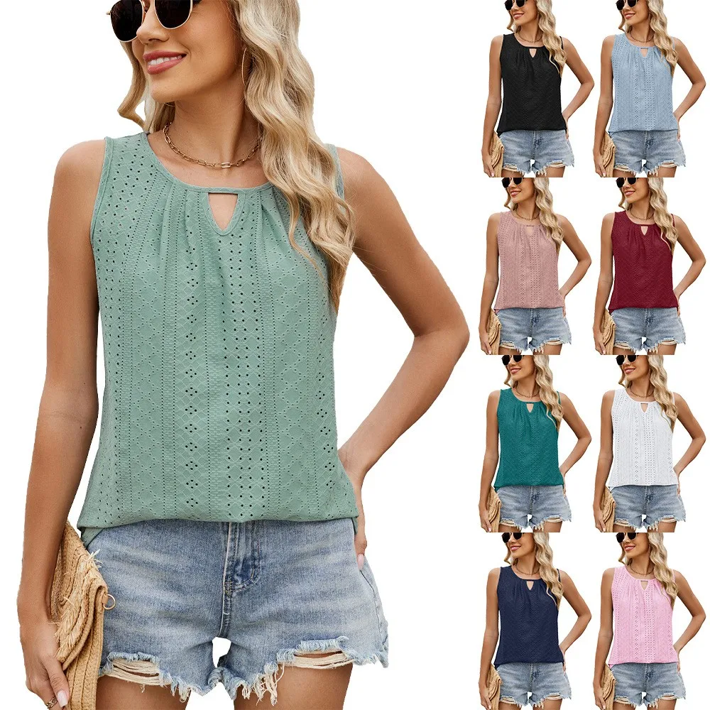 Women Summer Tank Top Loose Fit Sleeveless Top Round Neck Pastel Vest Top Keyhole Cutout Eyelet Camisole Cropped Solid Casual