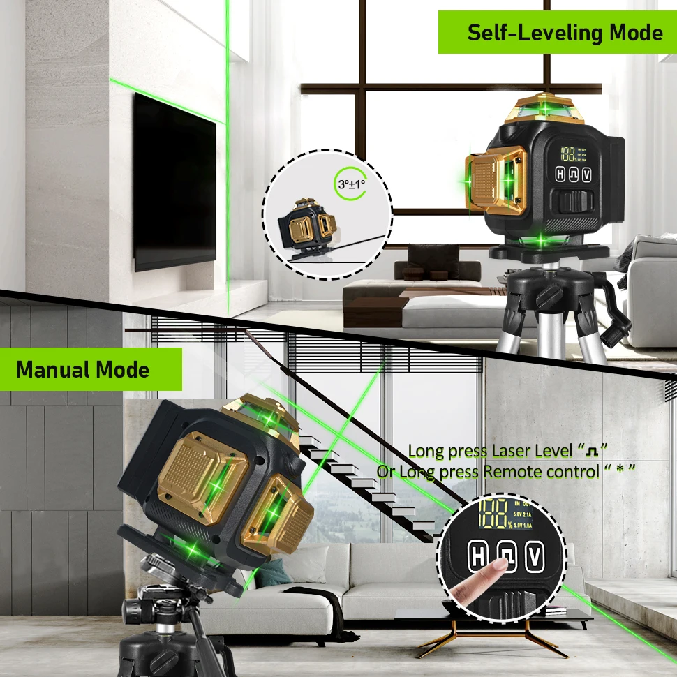 Clubiona 16-Line 4D Green Laser Level with 360° Rotation, High-Precision Vertical and Horizontal Lines for Decoration.