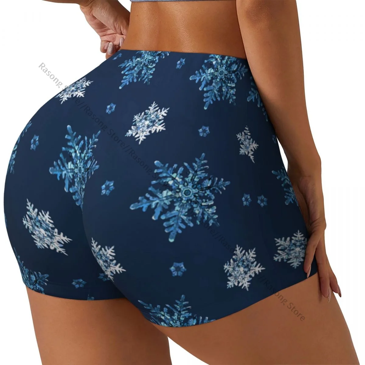 Pantaloncini sportivi attillati sexy sui fianchi Pantaloncini yoga comodi da donna fitness blu con fiocco di neve di Natale