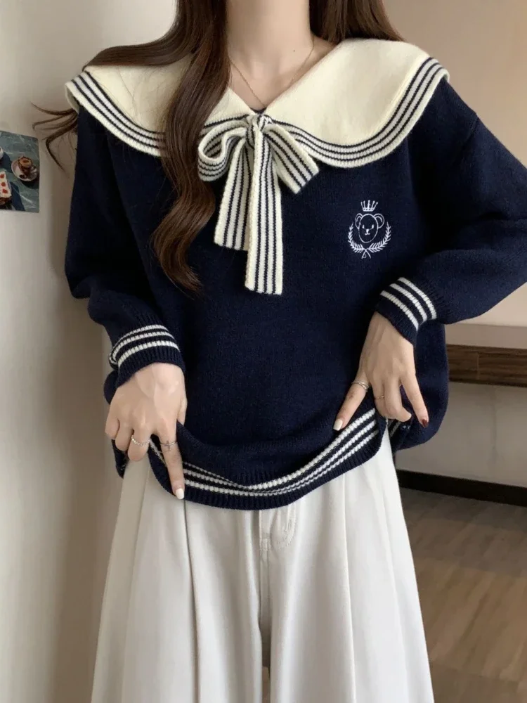 Pulôveres de manga comprida estilo preppy feminino, gola marinheiro, listrado, cor de contraste, suéteres soltos casuais, moda feminina, roupas doces, 2024