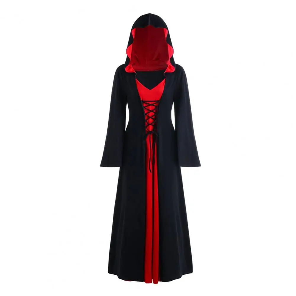 A-line Silhouette Dress Dark Style Halloween Witch Costume with Lace-up Strap Hooded Design Long Horn Sleeves for Cosplay