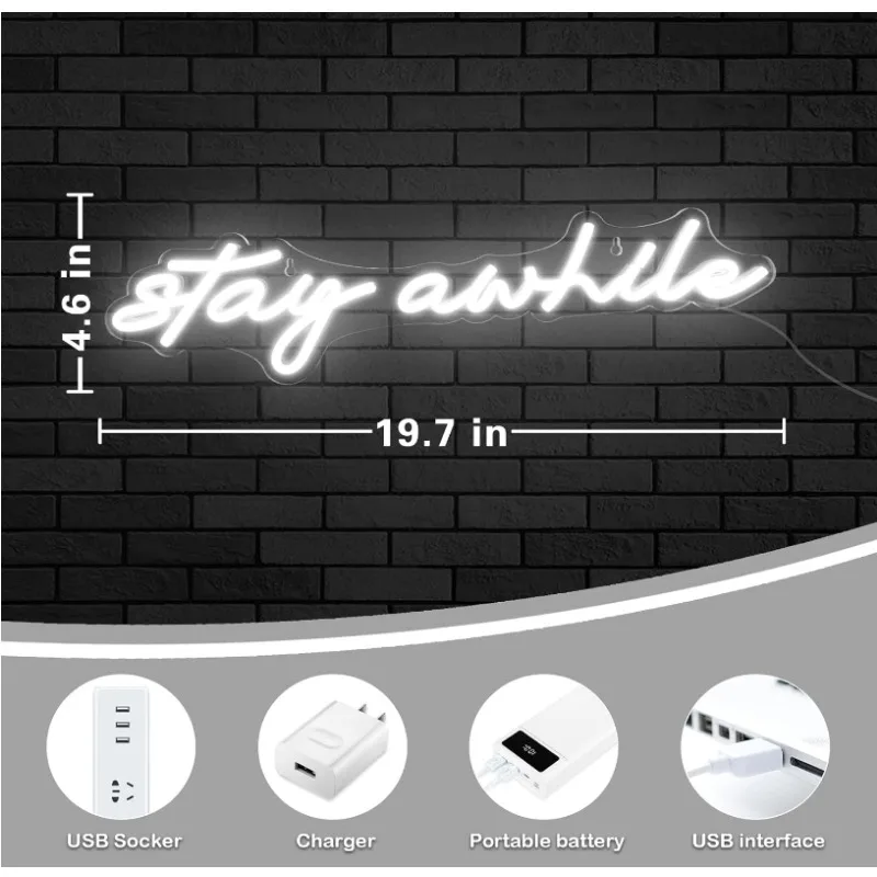 Stay time-letreros de neón para decoración de pared, barra LED regulable de 19,7x5 pulgadas, alimentada por USB, para dormitorio, Fiesta en casa, cumpleaños, regalo de Navidad, azul hielo