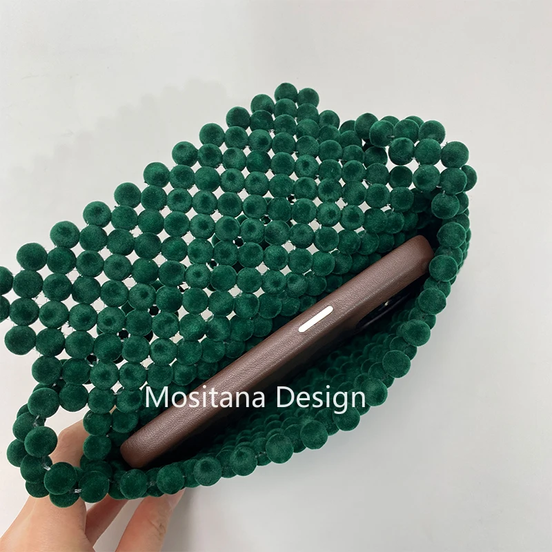 Winter Velvet Beads Christmas Bag Gift Party Dinner Shoulder Bags Handmade Green Hand-woven Celebrity Unique Design Ladies