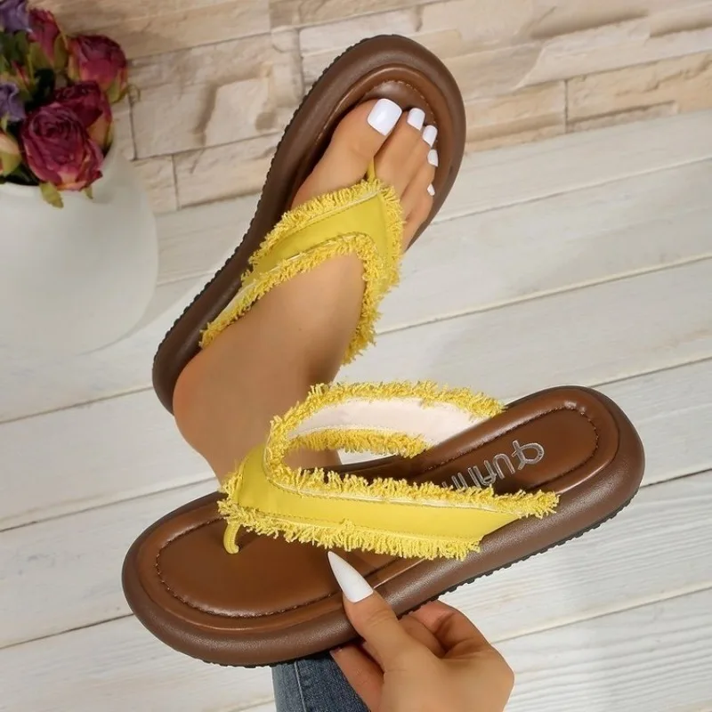Women's Flat Sandals Open Toe Slip-On Frayed Trim Raw Edge Strap Casual Daily Wear Summer Footwear Outdoor Walking Shoes Style