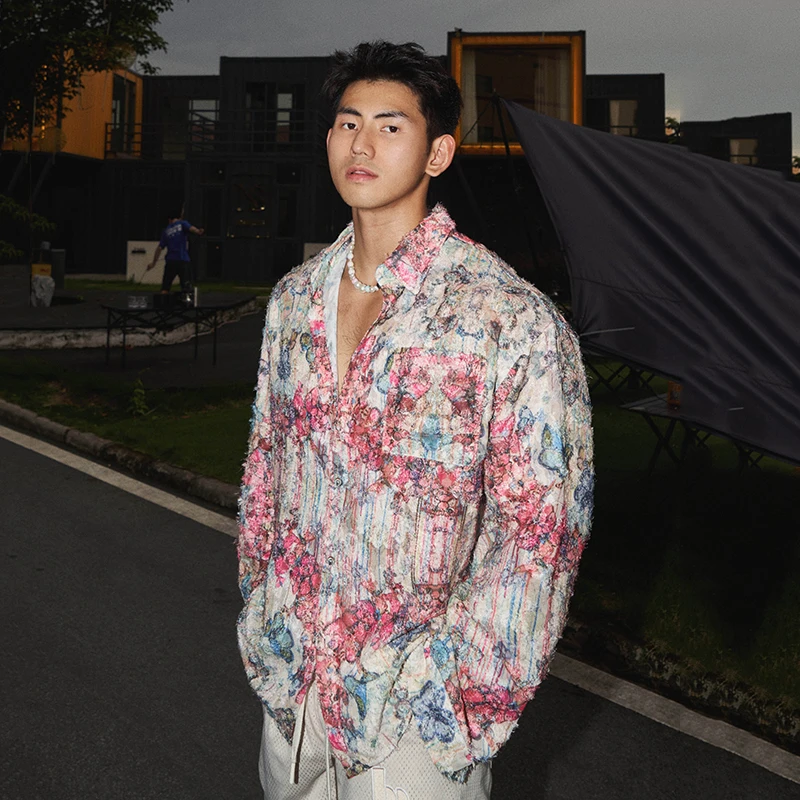 FEWQ Summer Casual Men Shirt Niche Printed Design Contrast Color Long Sleeve 2204 Korea Fashion Male Tops Loose 24E1923