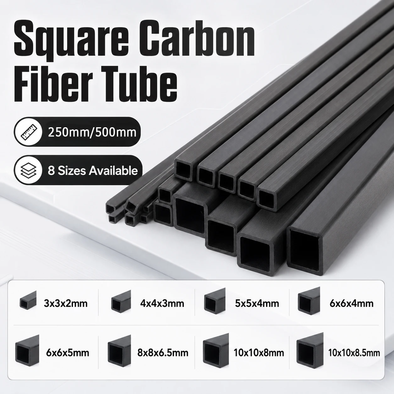 Tube carré en fibre de carbone 250/500 mm, barre creuse rectangulaire à paroi de 3-10 mm pour cadre de drone et support de modèle RC (1-6 pièces)