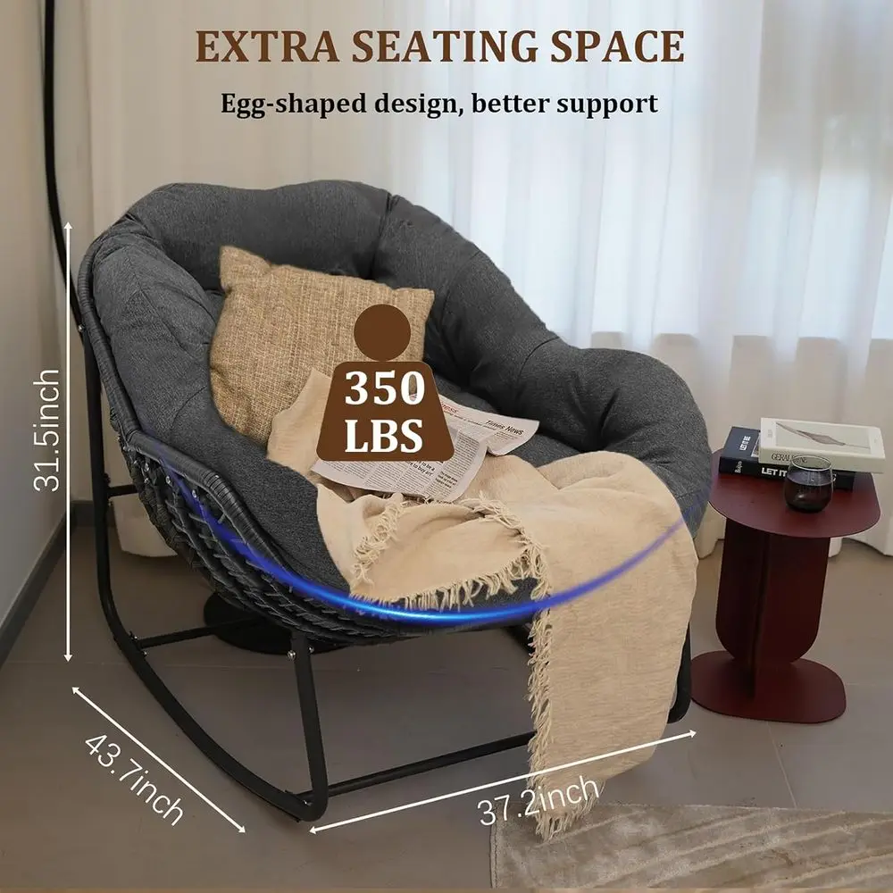 Oversized Rattan Rocking Chair Outdoor, Papasan Chair Rocking, Outdoor Rocking Chair with Padded Cushion, Outdoor Wicker Rocking