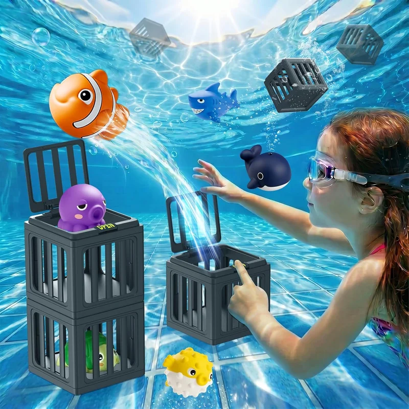 子供用プールダイビングおもちゃ水中水泳ゲームセット、6匹の浮かぶ海の生き物と6個のダイビングケージ付き、夏のプール、お風呂、ビーチに最適
