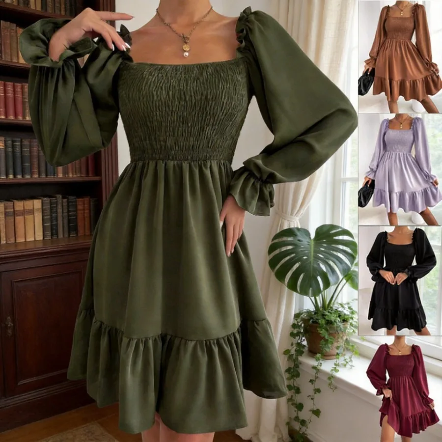 

【New style】European and American French style simple square collar parallel skirt with lotus leaf edge down lap dress