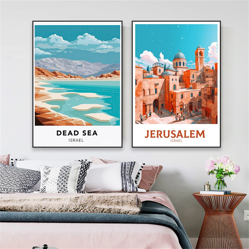 Tel Aviv Poster Israel Cityscape Travel Retro Prints Wall Art Travel Illustration Art Canvas Painting Office Home Room Decor