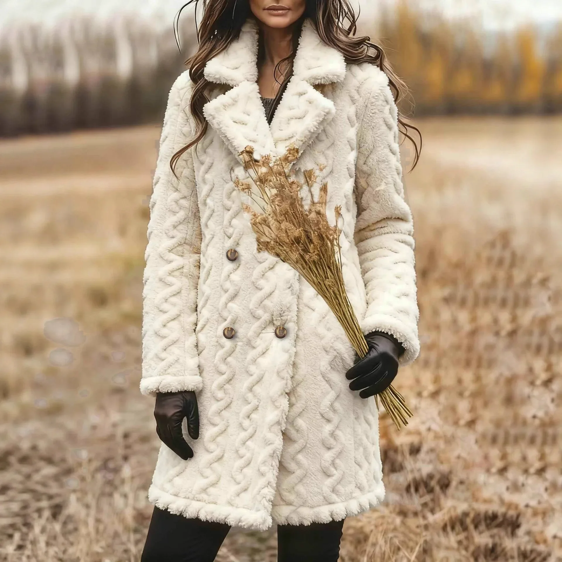 

2025 Long-sleeved Western Style Jacquard Double-breasted Plush Jacket for Women