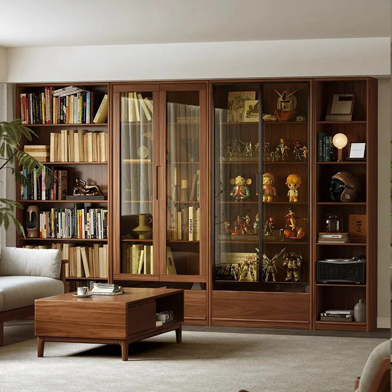 

Black walnut bookcase Whole wall shelf Storage display cabinet combination Solid wood glass door Locker Floor shelf