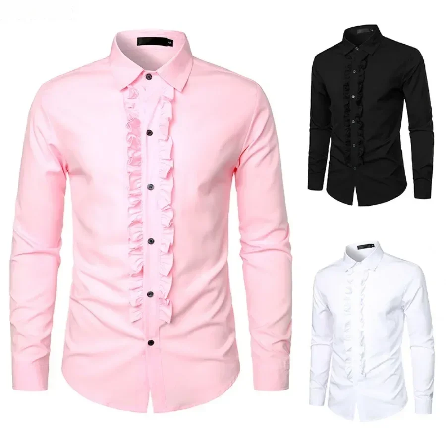 New  Men's Long Sleeve Tuxedo Shirts Fashion Party Wedding Male Dress Shirts Ruffle Pleated Design Solid Shirt Chemise Homme