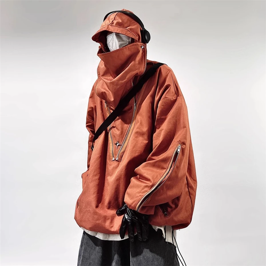 

Zipper Design Vintage Jacket Windbreaker Mens Streetwear Hip Hop Hooded Coats Oversized Harajuku Loose Casual Cargo Jackets Male