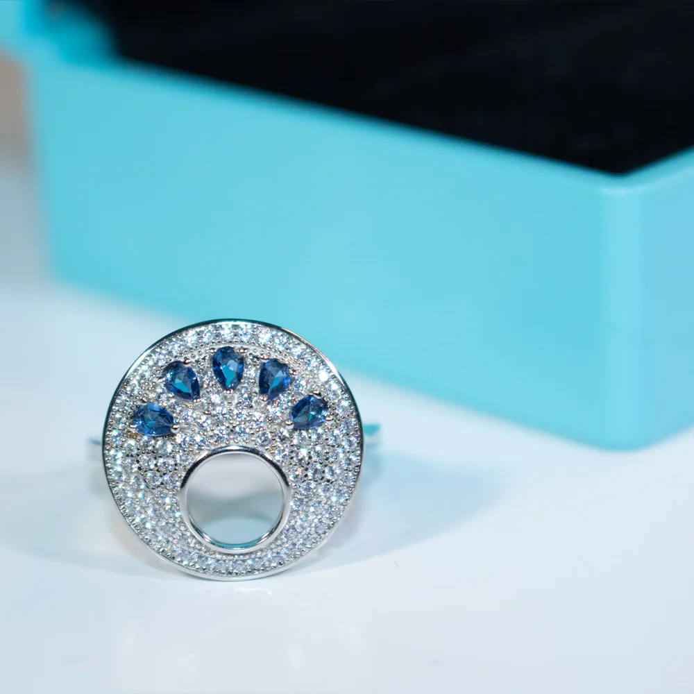 925 Sterling Silver Rings Blue Sapphire Ring Hollow Design Full Zircon Birthday Gift