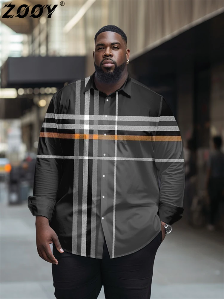 

ZOOY (L-9XL) Plus Size Men's Shirt Gentleman's Plaid Color Block Diamond Stripe Classic Business Long Sleeve Lapel Shirt