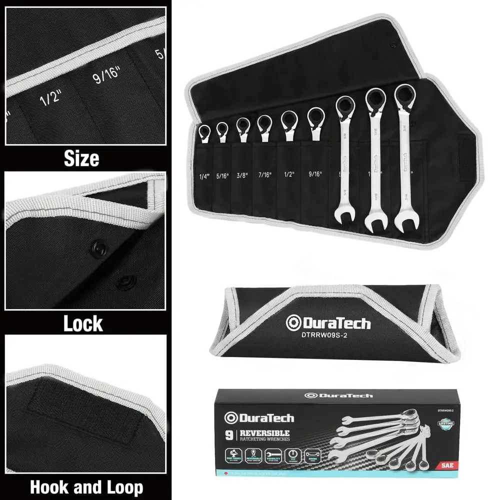 9-Piece Reversible Ratcheting Wrench Set SAE 1/4''-3/4" CR-V Steel Kit