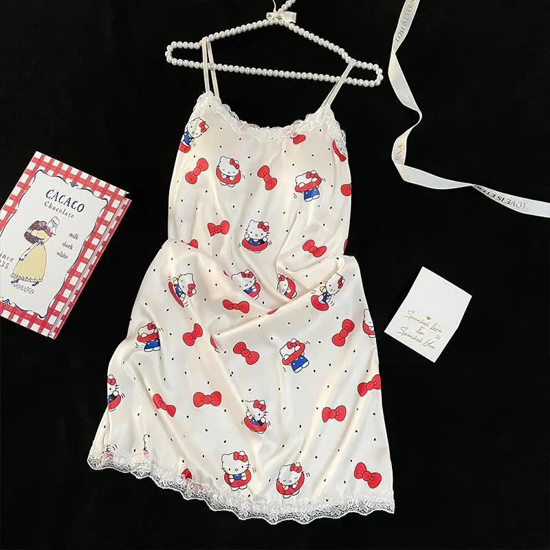 Nightgown Hello Kitty Female Ice Silk Suspender Sleeveless Cartoon Summer Silk with Breast Pad Pajamas Sexy Student Dormitory