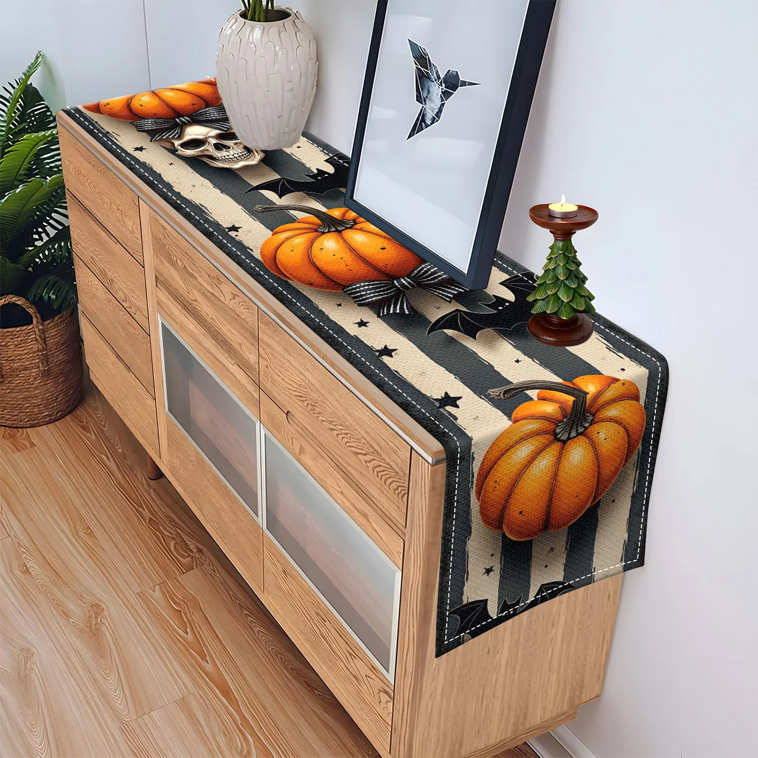 قطعة واحدة من مفرش طاولة الهالوين ذو الطابع الداكن، يتميز بأنماط اليقطين والخفافيش، ومناسب لحفلات الهالوين والديكورات الداكنة #5