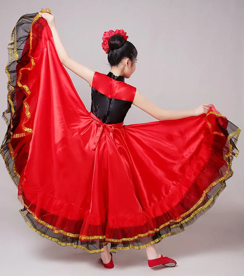 Robe de flamenco rouge longue pour filles, costume espagnol, jupe de scène de salle de Rhpour enfants, robes de danse pour enfants