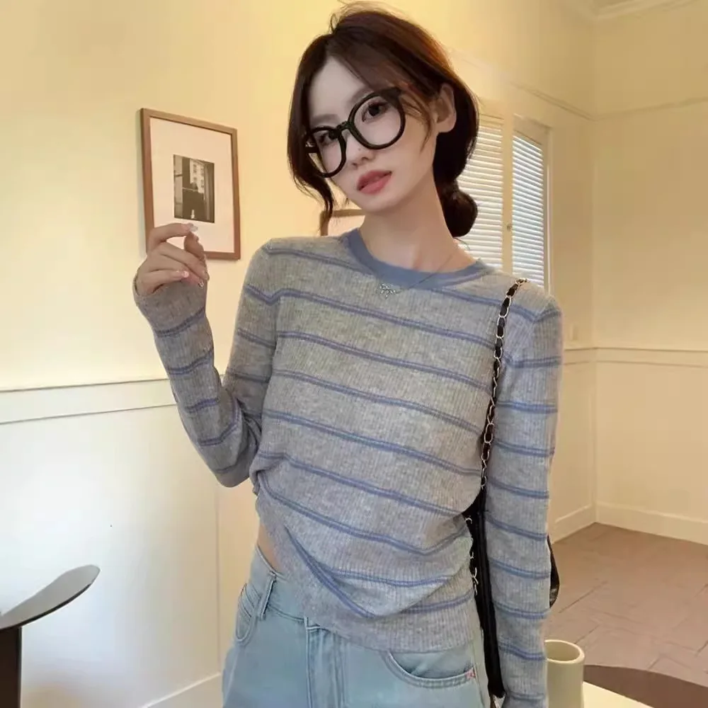 

Slimming Striped Color Block Long Sleeve Knitted Sweater Women's Spring Autumn Design Top Base Shirt Overhead Korean Style