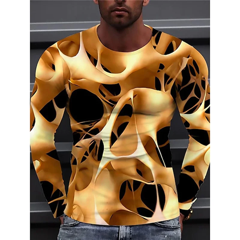 Fashion Colorful Pattern T-Shirt For Men Visual Illusion 3D Printed T Shirts Autumn Casual Loose O-Neck Tops Tees Long Sleeves