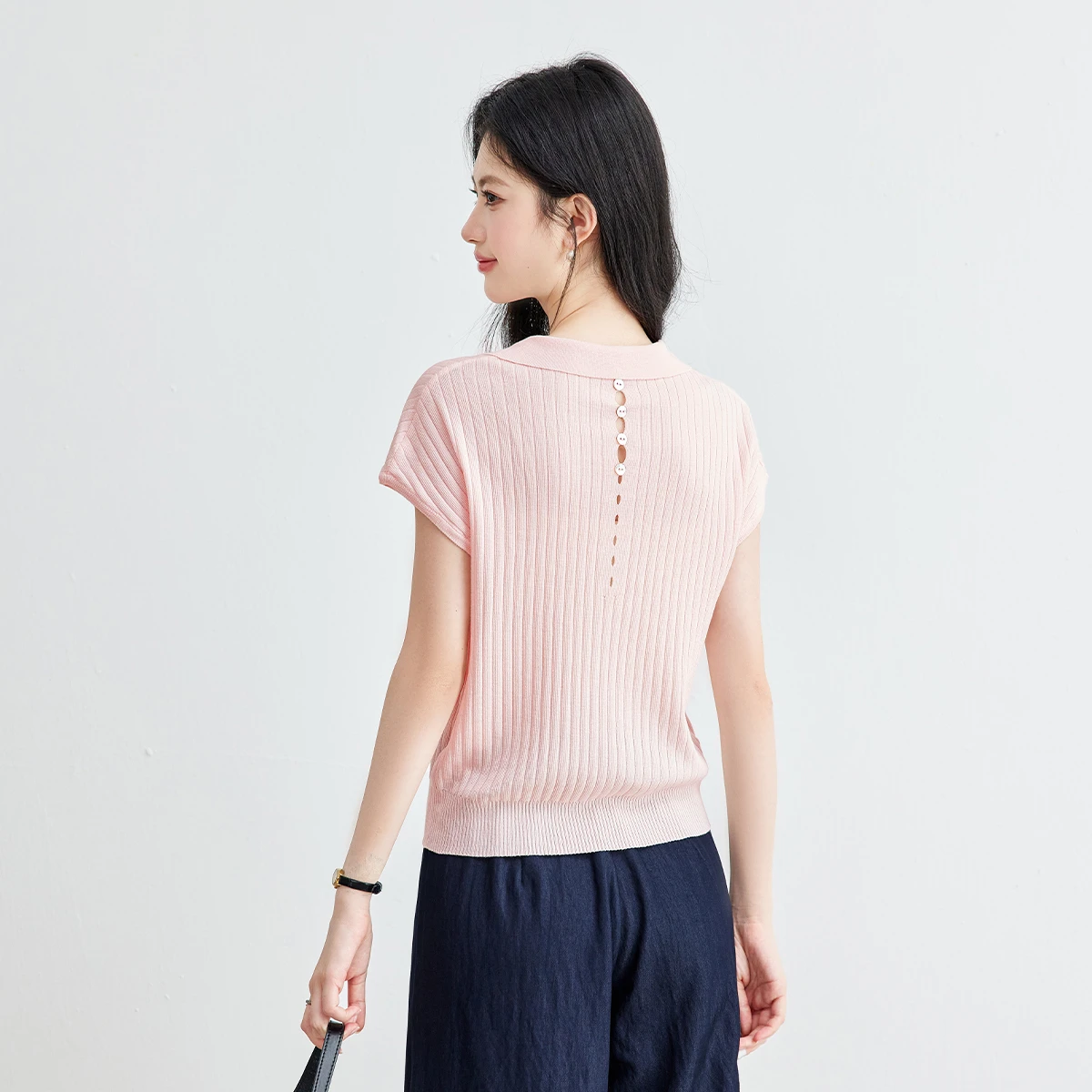 VIMLY Women's Gentle Commuter Knitted T-shirt 2026 Summer New Elegant Polo Collar Thin Pit Strip Pink Short Sleeve Top 75389