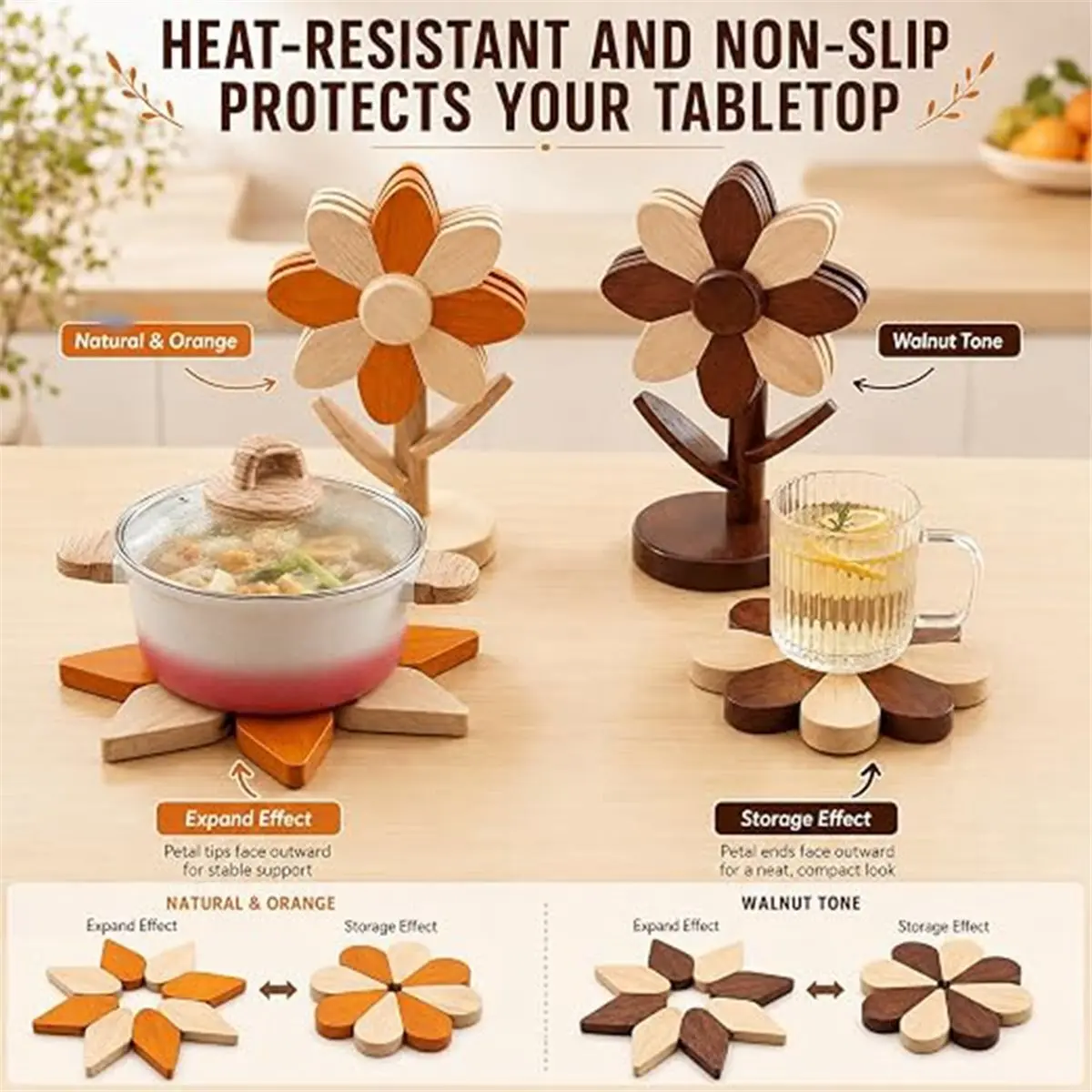 5Pcs Sunflower Wooden Trivet Set Expandable Hot Dish Stand & Coaster 2-in-1 for Countertop Decor Orange