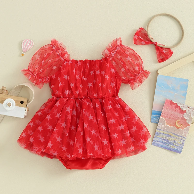 

Newborn Infant Girl 4th of July Outfit Baby Cute Star Balloon Print Romper Dress Puff Sleeve Jumpsuit