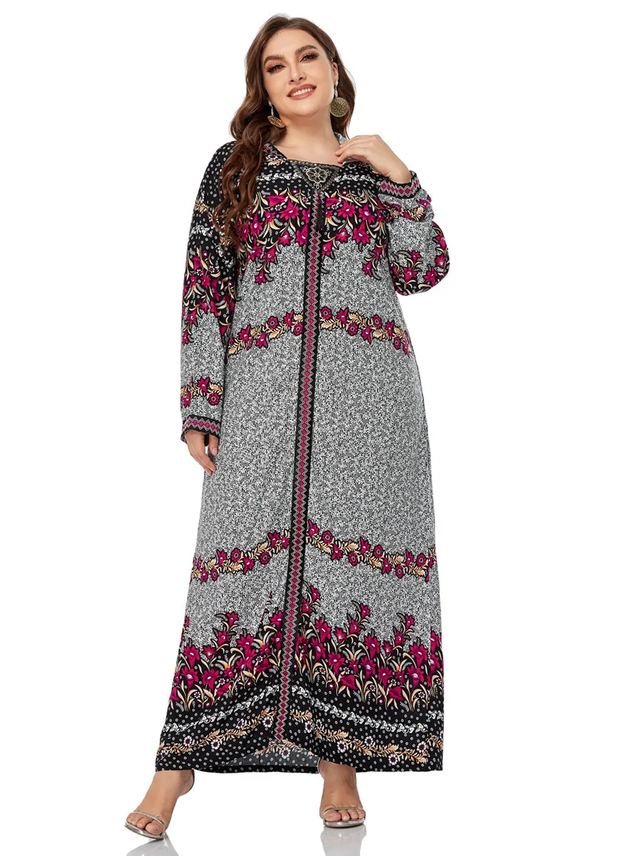 

A18219 # Plus Size Women's Clothing Elegant Embroidered Long Sleeve Hooded Printed Dress Long Skirt Dubai Luxury Islam Elegant