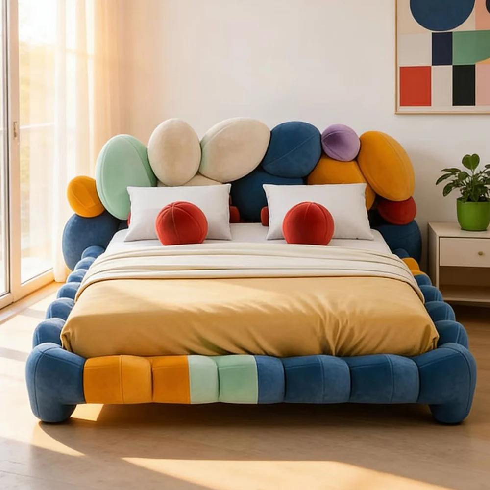fgModern Italian Luxury Ball Shape Upholstered Bed Frame Queen Size Colorful Velvet Padded Headboard Master Bedroom Furniture%