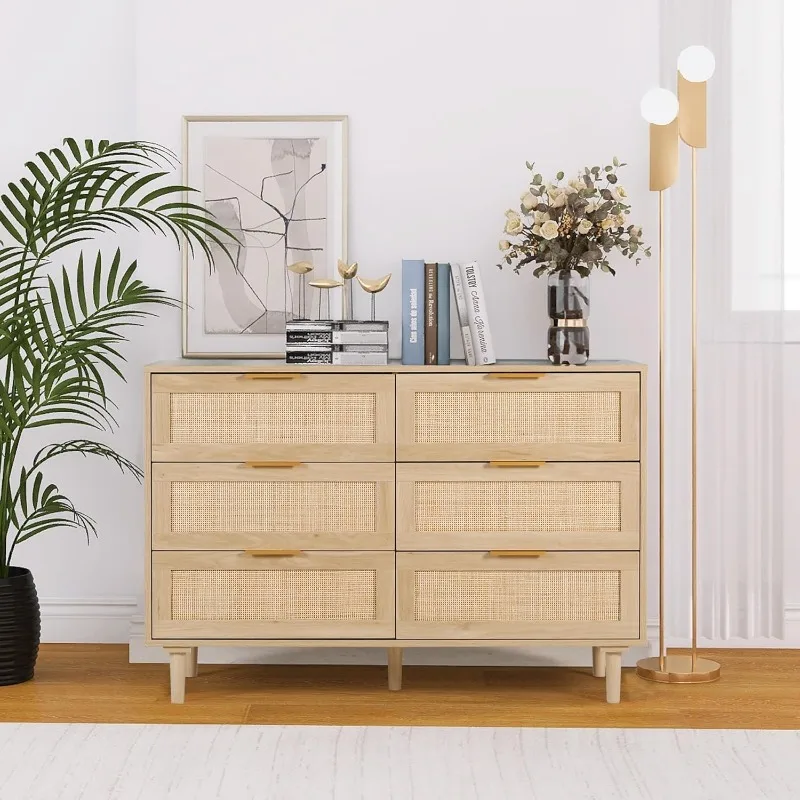 6 Drawer Dresser Rattan Dresser Modern Chest with Drawers,Wood Storage Closet Dressers Chest of Drawers for Bedroom