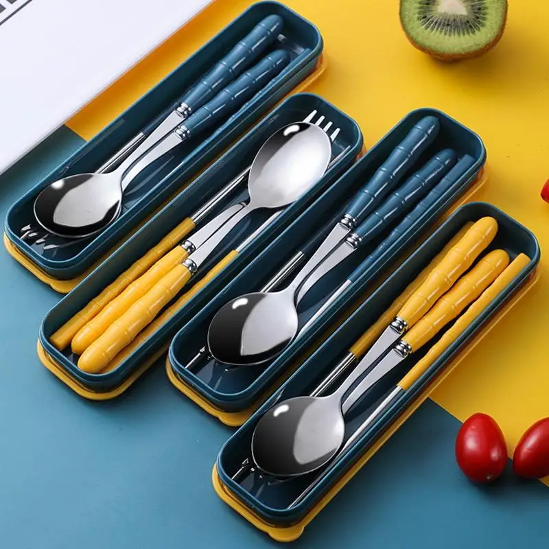 

Hot Sale Outdoor 3Pcs Stainless Steel Portable Student Tableware Outdoor Travel Box Spoon Fork Chopsticks Set Adult Gift Cutler